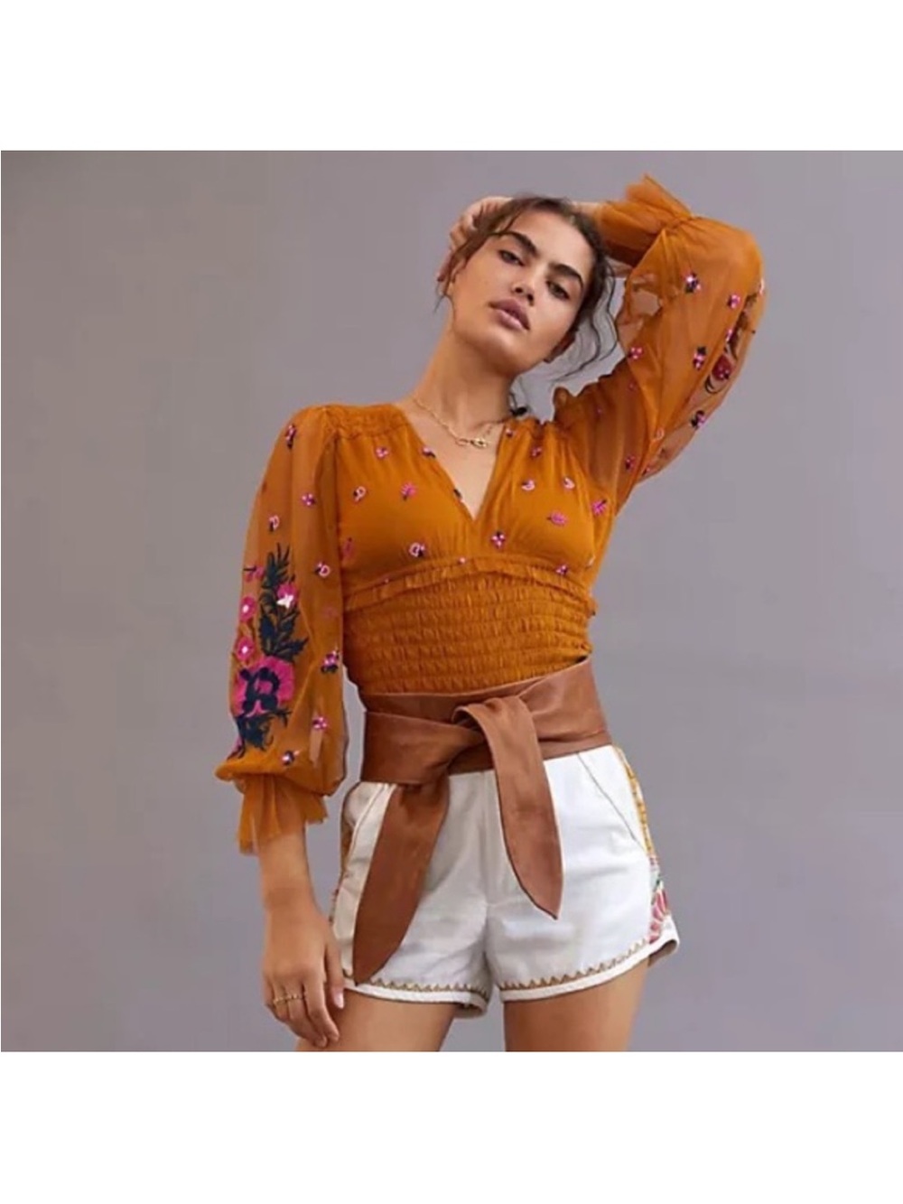 Anthropologie Mustard Embroidered Smocked-Waist Blouse